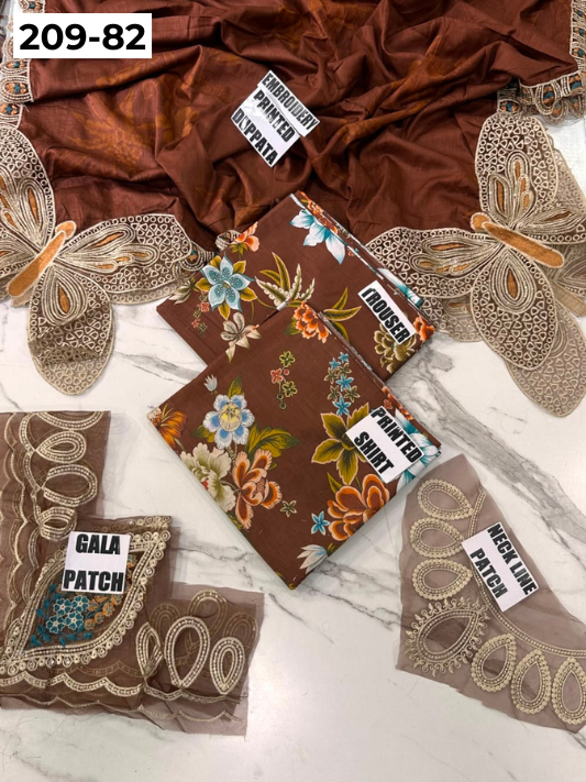 VOL 209 | DS 82 | LAWN 3PC PRINTED LAWN SHIRT ALONG WITH EMBROIDERED PATCHES PRINTED TROUSER EMBROIDERED DUPATTA