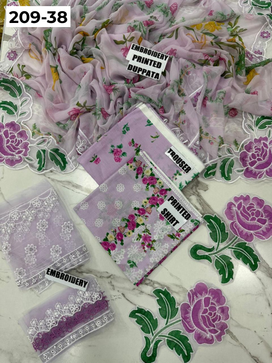 VOL 209 | DS 38 | LAWN 3PC PRINTED LAWN SHIRT ALONG WITH EMBROIDERED PATCHES PRINTED TROUSER EMBROIDERED DUPATTA