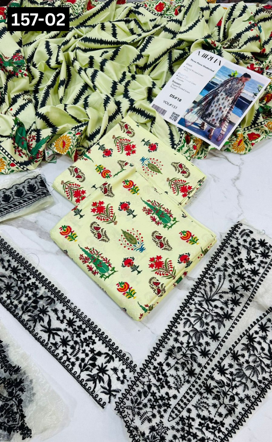 VOL 157 | DS 02 | DIGITAL PRINTED LINEN 3PC | LINEN DUPATTA | EMBROIDERED ORAGANZA PATCHES