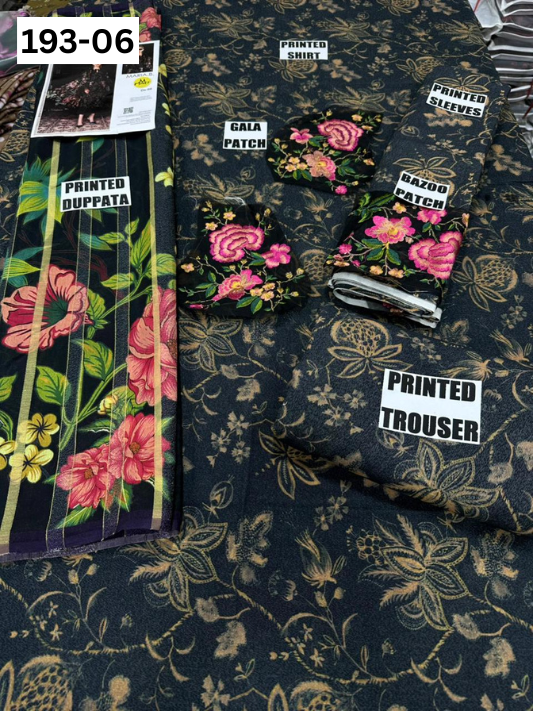 VOL 193 | DS 06 | DIGITAL PRINTED KARANDI 3PC | EMBROIDERED PATCHES | FANCY KARANDI DUPATTA