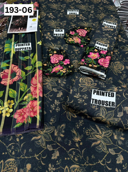 VOL 193 | DS 06 | DIGITAL PRINTED KARANDI 3PC | EMBROIDERED PATCHES | FANCY KARANDI DUPATTA