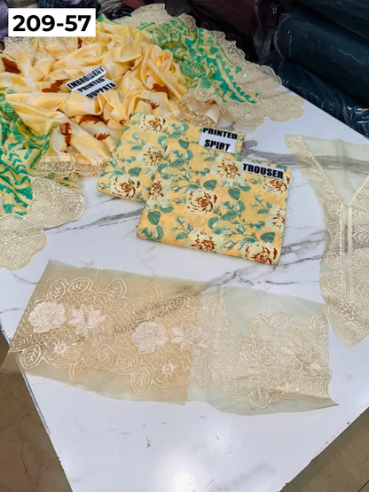 VOL 209 | DS 57 | LAWN 3PC PRINTED LAWN SHIRT ALONG WITH EMBROIDERED PATCHES PRINTED TROUSER EMBROIDERED DUPATTA