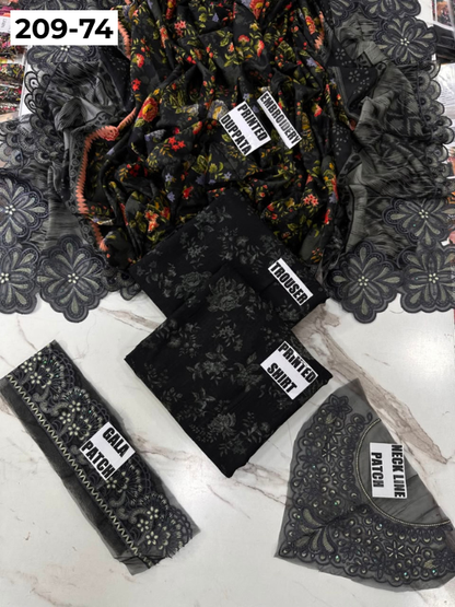 VOL 209 | DS 74 | LAWN 3PC PRINTED LAWN SHIRT ALONG WITH EMBROIDERED PATCHES PRINTED TROUSER EMBROIDERED DUPATTA