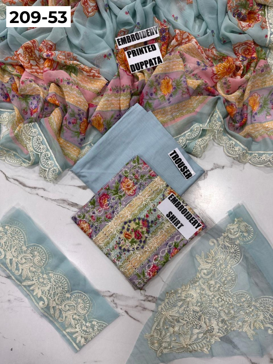VOL 209 | DS 53 | LAWN 3PC PRINTED LAWN SHIRT ALONG WITH EMBROIDERED PATCHES PRINTED TROUSER EMBROIDERED DUPATTA
