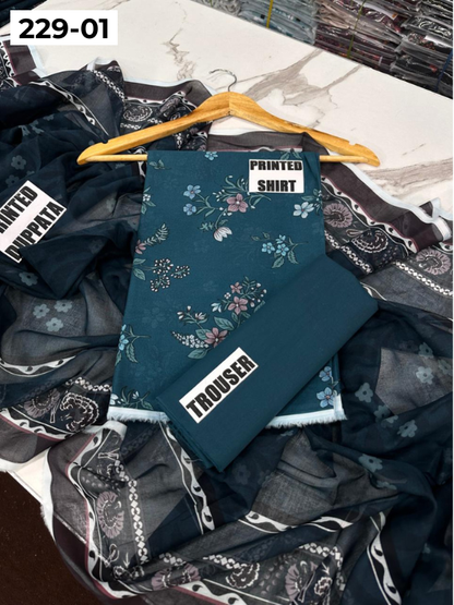 VOL 229 | DS 01 | DIGITAL PRINTED LAWN 3PC PRINTED LAWN SHIRT PLAIN TROUSER PRINTED VOIL DUPATTA