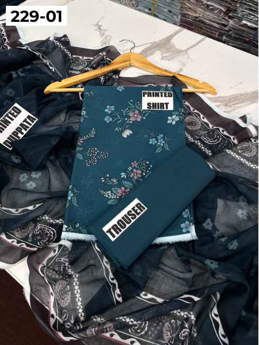 VOL 229 | DS 01 | DIGITAL PRINTED LAWN 3PC PRINTED LAWN SHIRT PLAIN TROUSER PRINTED VOIL DUPATTA