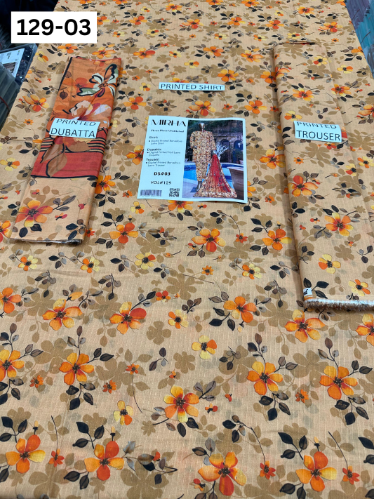 VOL 129 | DS 03 | DIGITAL PRINTED BANADORA LAWN 3PC VOIL LAWN DUPATTA