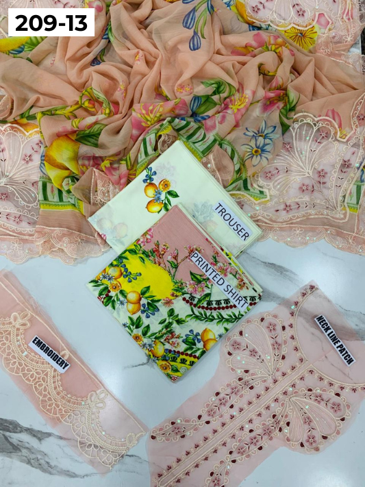 VOL 209 | DS 13 | LAWN 3PC PRINTED LAWN SHIRT ALONG WITH EMBROIDERED PATCHES PRINTED TROUSER EMBROIDERED DUPATTA