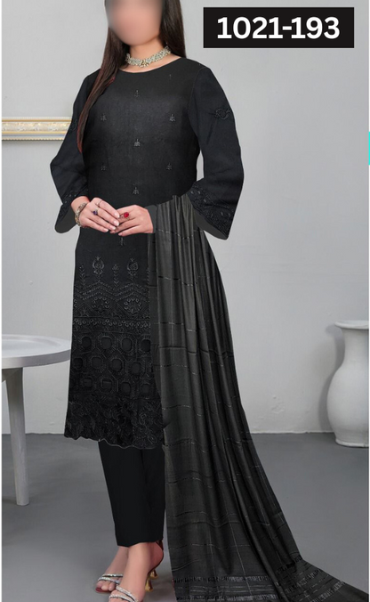 VOL 1021 | DS 193 | DHANAK DYED  EMBROIDERED 3PC DHANAK VELVET SHAWL