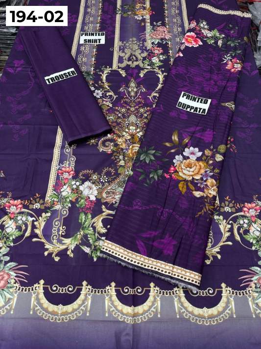 VOL 194 | DS 02 | Digital Printed Cotton Three Piece Doria Lawn Dupatta Plain Trouser
