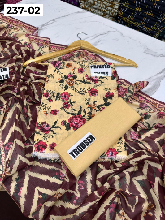 VOL 237 | DS 02 | DIGITAL PRINTED BANADORA LAWN SHIRT, PLAIN TROUSER, PRINTED LAWN DUPATTA