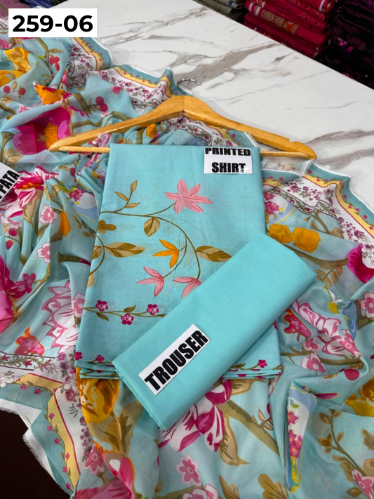 VOL 259 | DS 06 | SHANAYA | DIGITAL PRINTED 3PC LAWN SHIRT, DYED TROUSER, PRINTED VOIL DUPATTA