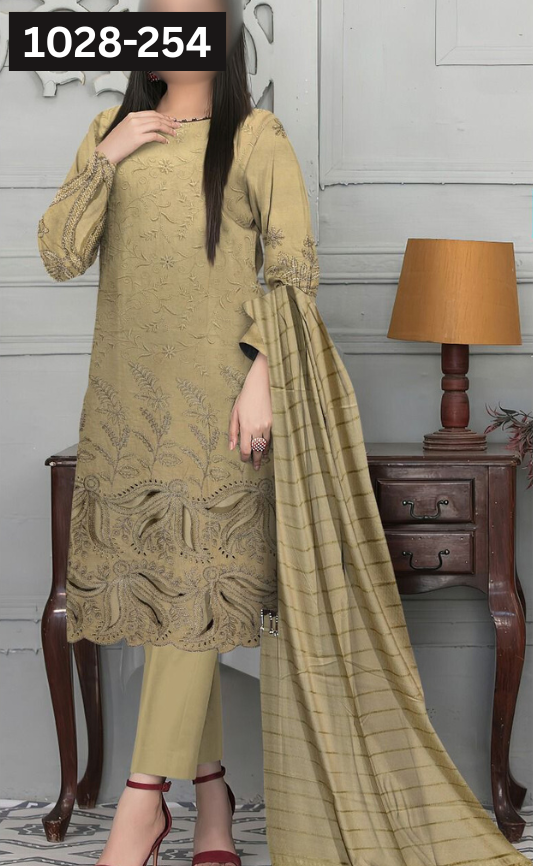 VOL 1028 | DS 254 | DHANAK DYED  EMBROIDERED 3PC DHANAK JACQUARD VELVET SHAWL