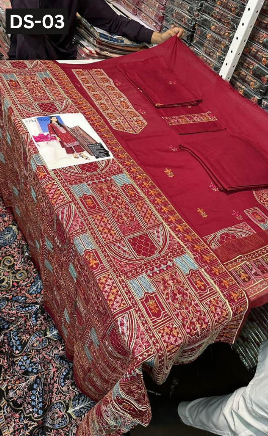 BAREEZE KARANDI | DS 03 | KARANDI EMBROIDERED 3PC WITH EMBROIDERED SHAWL
