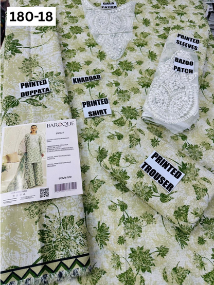 VOL 180 | DS 18 | DIGITAL PRINTED KHADDAR 3PC | EMBROIDERED PATCHES | KHADDAR DUPATTA