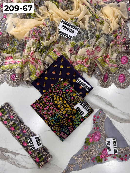 VOL 209 | DS 67 | LAWN 3PC PRINTED LAWN SHIRT ALONG WITH EMBROIDERED PATCHES PRINTED TROUSER EMBROIDERED DUPATTA