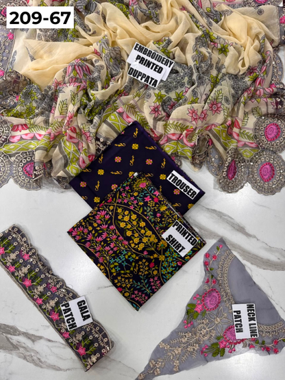 VOL 209 | DS 67 | LAWN 3PC PRINTED LAWN SHIRT ALONG WITH EMBROIDERED PATCHES PRINTED TROUSER EMBROIDERED DUPATTA