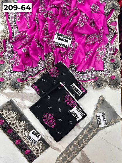 VOL 209 | DS 64 | LAWN 3PC PRINTED LAWN SHIRT ALONG WITH EMBROIDERED PATCHES PRINTED TROUSER EMBROIDERED DUPATTA