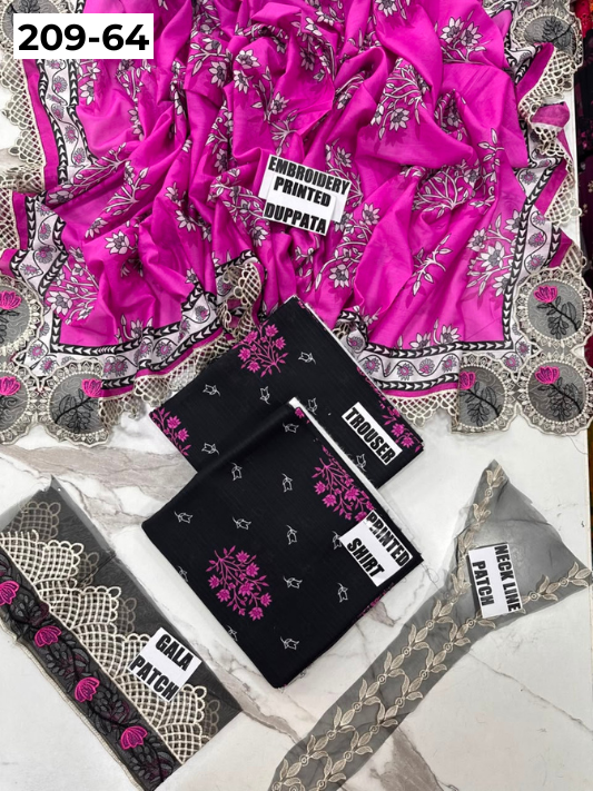 VOL 209 | DS 64 | LAWN 3PC PRINTED LAWN SHIRT ALONG WITH EMBROIDERED PATCHES PRINTED TROUSER EMBROIDERED DUPATTA