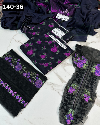VOL 140 | DS 36 | DIGITAL PRINTED BANADORA LAWN 3PC | VOIL LAWN DUPATTA | EMBROIDERED ORAGANZA PATCHES