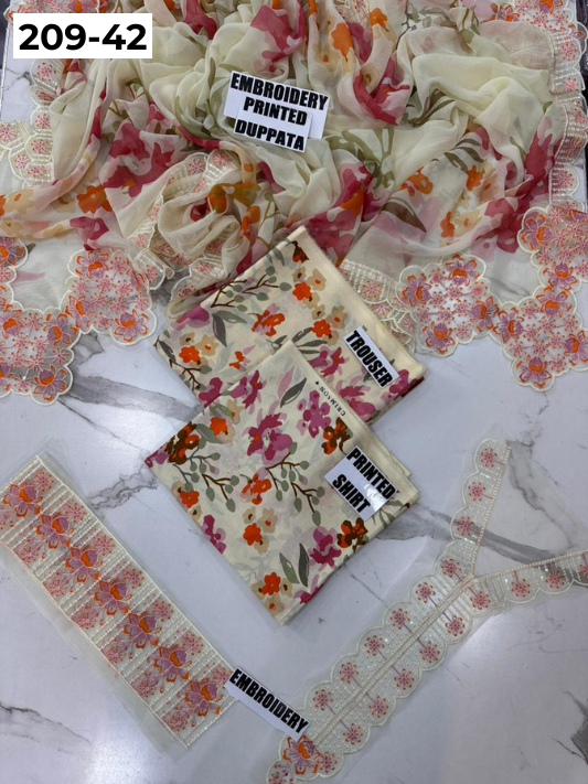 VOL 209 | DS 42 | LAWN 3PC PRINTED LAWN SHIRT ALONG WITH EMBROIDERED PATCHES PRINTED TROUSER EMBROIDERED DUPATTA