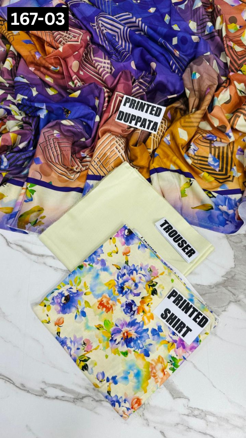 VOL 167 | DS 03 | DIGITAL PRINTED LINEN 3PC LINEN DUPATTA