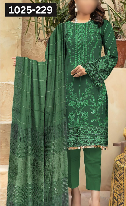 VOL 1025 | DS 229 | DHANAK DYED  EMBROIDERED 3PC DHANAK JACQUARD VELVET SHAWL