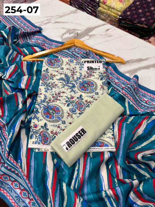 VOL 254 | DS 07 | Mirha LAWN | DIGITAL PRINTED LAWN 3PC PRINTED LAWN SHIRT PLAIN TROUSER PRINTED LAWN DUPATTA
