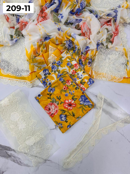 VOL 209 | DS 11 | LAWN 3PC PRINTED LAWN SHIRT ALONG WITH EMBROIDERED PATCHES PRINTED TROUSER EMBROIDERED DUPATTA