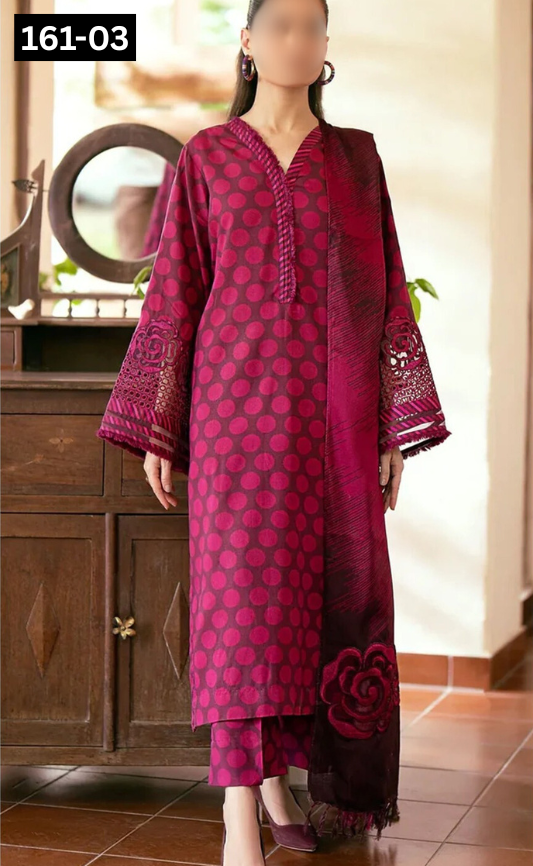 VOL 161 | DS 03 | DIGITAL PRINTED KHADDAR 3PC ZARI KHADDAR DUPATTA