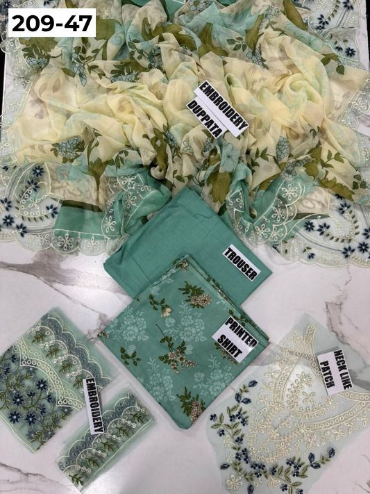 VOL 209 | DS 47 | LAWN 3PC PRINTED LAWN SHIRT ALONG WITH EMBROIDERED PATCHES PRINTED TROUSER EMBROIDERED DUPATTA