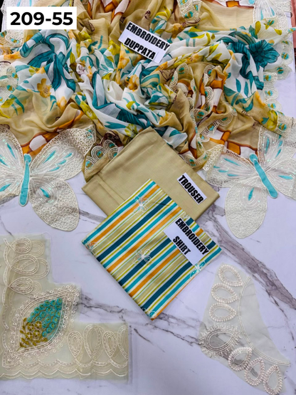 VOL 209 | DS 55 | LAWN 3PC PRINTED LAWN SHIRT ALONG WITH EMBROIDERED PATCHES PRINTED TROUSER EMBROIDERED DUPATTA