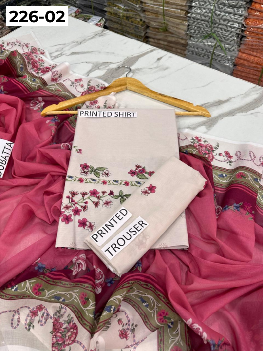 VOL 226 | DS 02 | DIGITAL PRINTED LAWN 3PC PRINTED LAWN SHIRT PLAIN TROUSER PRINTED VOIL DUPATTA