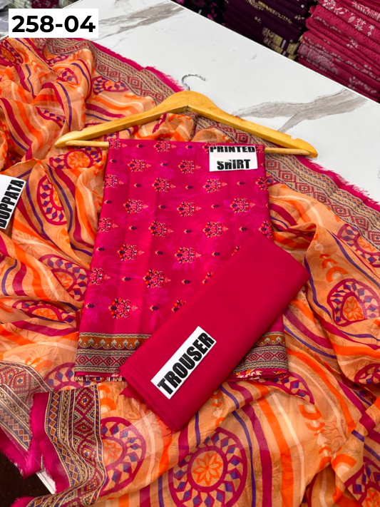 VOL 258 | DS 04 | GulBANO | DIGITAL PRINTED 3PC LAWN SHIRT, DYED TROUSER, PRINTED VOIL DUPATTA