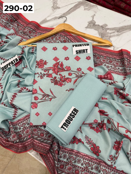 VOL 290 | DS 02 | PREMIUM DHANAK WINTER COLLECTON - DIGITAL PRINTED 3 PIECE SUIT | Printed Shirt with Neck Design | Plain Dyed Matching Trouser | Printed Dupatta