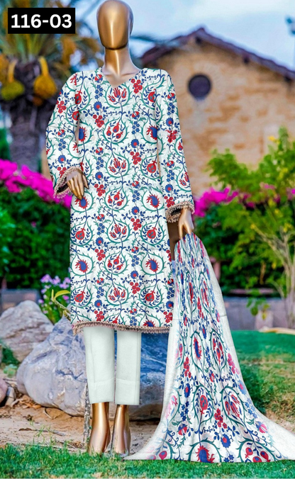 VOL 116 | DS 03 | DIGITAL PRINTED LAWN 3PC DYED TROUSER VOIL LAWN DUPATTA