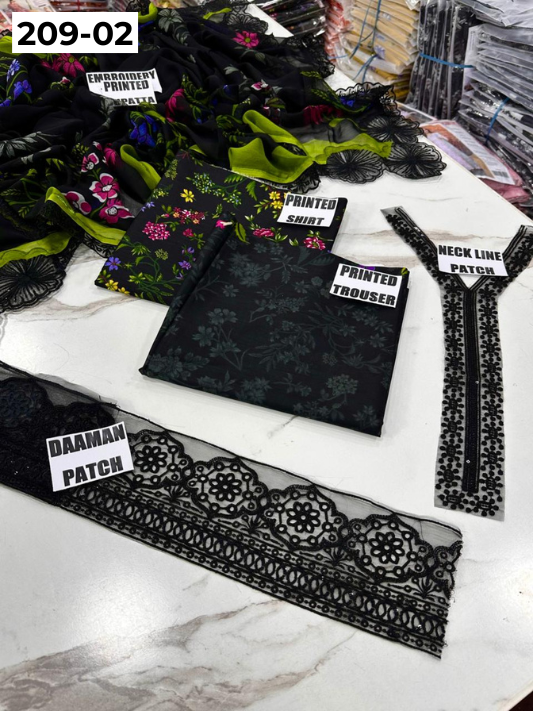 VOL 209 | DS 02 | LAWN 3PC PRINTED LAWN SHIRT ALONG WITH EMBROIDERED PATCHES PRINTED TROUSER EMBROIDERED DUPATTA