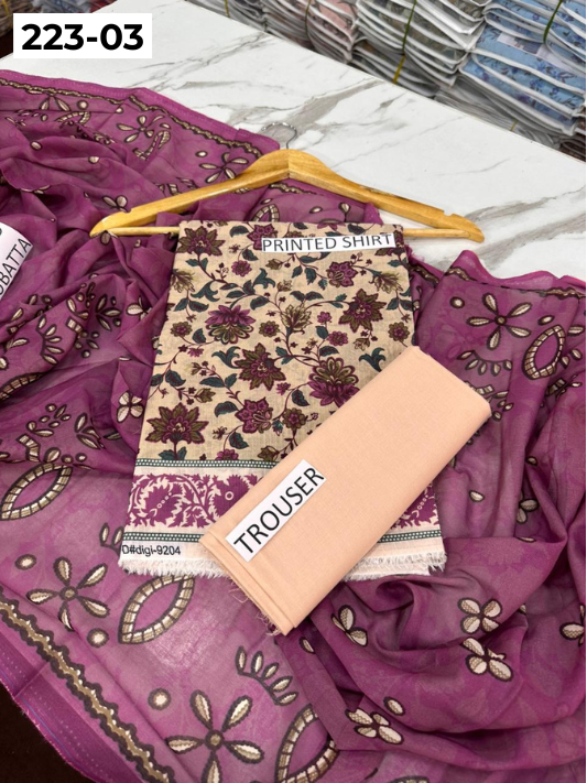 VOL 223 | DS 03 | SAPPHIRE LAWN | DIGITAL PRINTED BANADORA LAWN SHIRT PLAIN TROUSER VOIL LAWN DUPATTA
