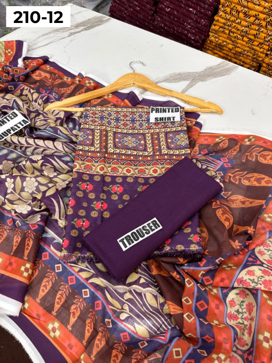 VOL 210 | DS 12 | SAPPHIRE LAWN 3PC DIGITAL PRINTED LAWN SHIRT VOIL LAWN DUPATTA DYED TROUSER