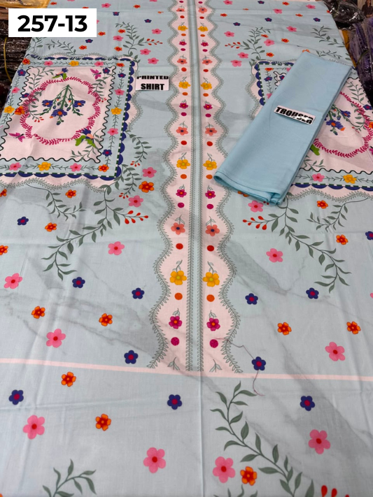 VOL 257 | DS 13 | PRINTED HIT CODES LAWN 2PC | DIGITAL PRINTED LAWN SHIRT, PLAIN COTTON TROUSER