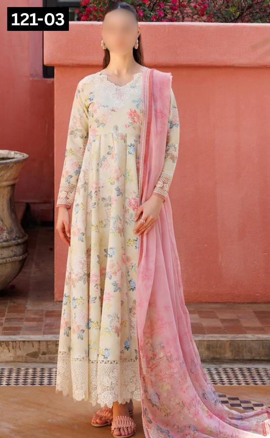 VOL 121 | DS 03 | DIGITAL PRINTED BANADORA LAWN 3PC VOIL LAWN DUPATTA
