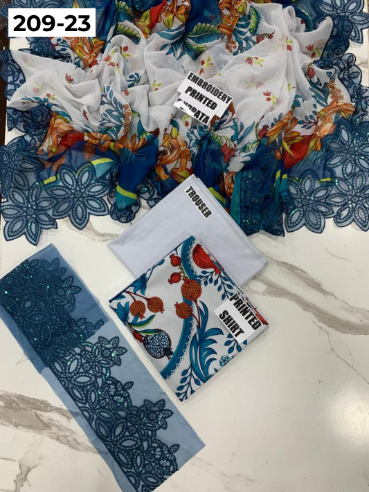 VOL 209 | DS 23 | LAWN 3PC PRINTED LAWN SHIRT ALONG WITH EMBROIDERED PATCHES PRINTED TROUSER EMBROIDERED DUPATTA