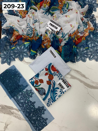 VOL 209 | DS 23 | LAWN 3PC PRINTED LAWN SHIRT ALONG WITH EMBROIDERED PATCHES PRINTED TROUSER EMBROIDERED DUPATTA