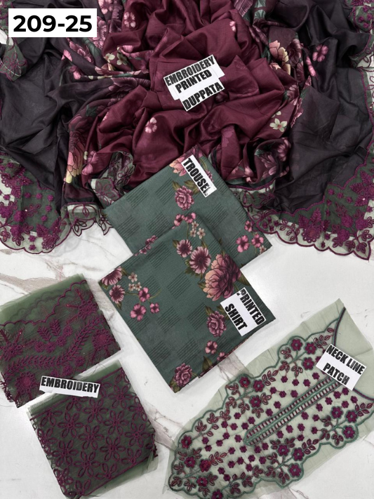 VOL 209 | DS 25 | LAWN 3PC PRINTED LAWN SHIRT ALONG WITH EMBROIDERED PATCHES PRINTED TROUSER EMBROIDERED DUPATTA