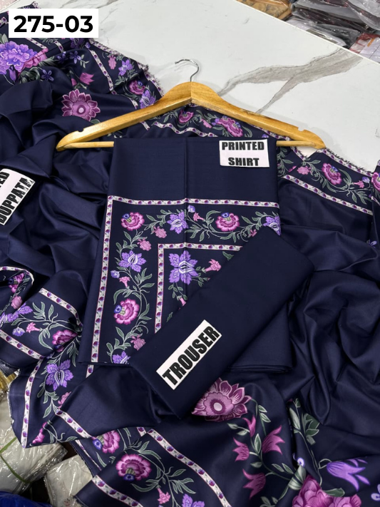VOL 275 | DS 03 | SHANAYA | DIGITAL PRINTED 3PC STONE LINEN SHIRT, PRINTED TROUSER, PRINTED STONE LINEN DUPATTA