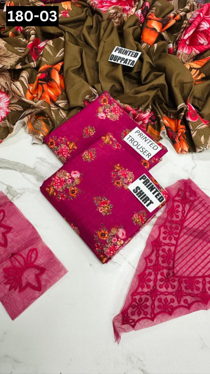 VOL 180 | DS 03 | DIGITAL PRINTED KHADDAR 3PC | EMBROIDERED PATCHES | KHADDAR DUPATTA