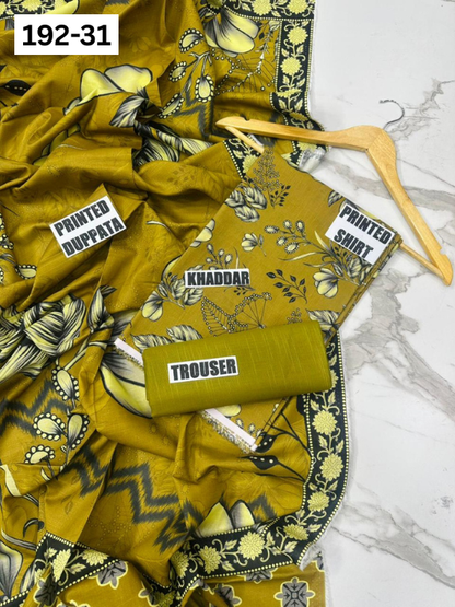 VOL 192 | DS 31 | DIGITAL PRINTED KHADDAR 3PC DYED TROUSER
