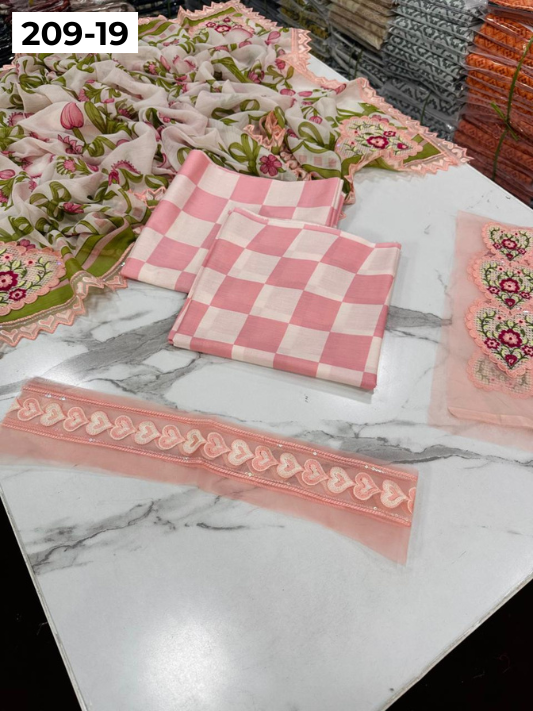 VOL 209 | DS 19 | LAWN 3PC PRINTED LAWN SHIRT ALONG WITH EMBROIDERED PATCHES PRINTED TROUSER EMBROIDERED DUPATTA