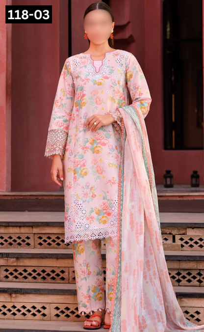 VOL 118 | DS 03 | DIGITAL PRINTED BANADORA LAWN 3PC VOIL LAWN DUPATTA
