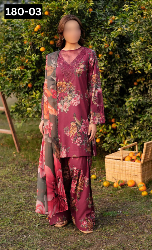 VOL 180 | DS 03 | DIGITAL PRINTED KHADDAR 3PC | EMBROIDERED PATCHES | KHADDAR DUPATTA